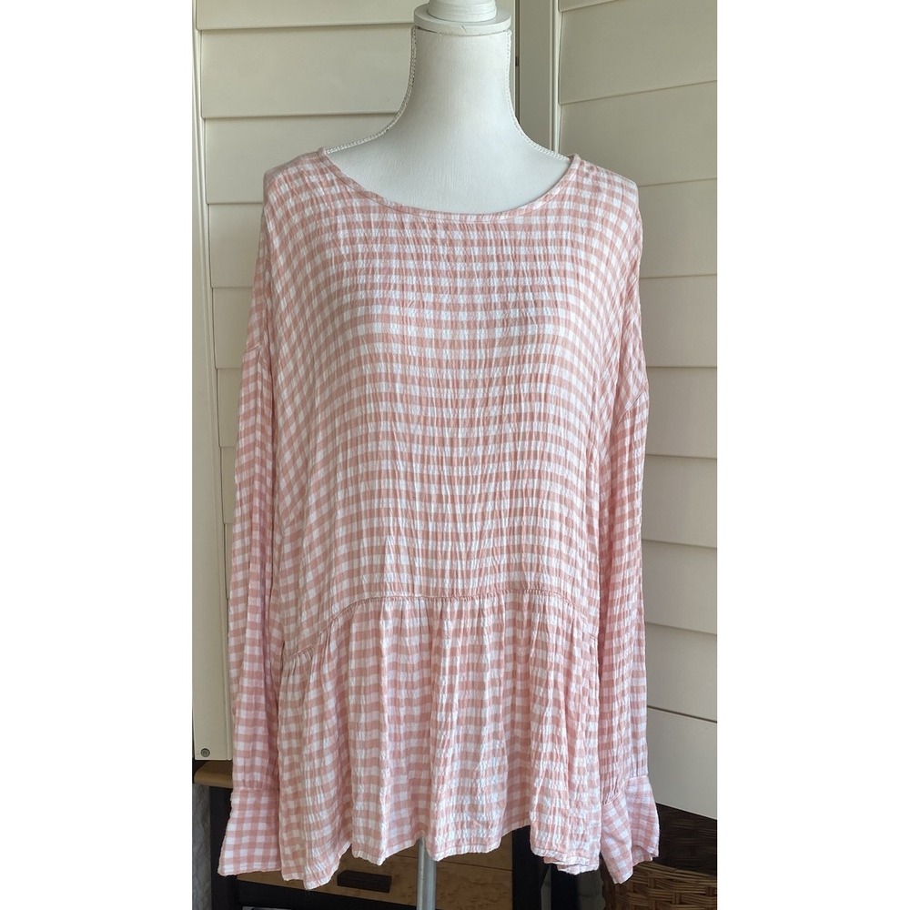 Time and Tru Women's XL Pink Gingham Long Sleeve Crinkle Peplum Blouse New‎